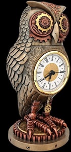 Steampunk ugle figur med indbygget ur i bronze og kobberfarver